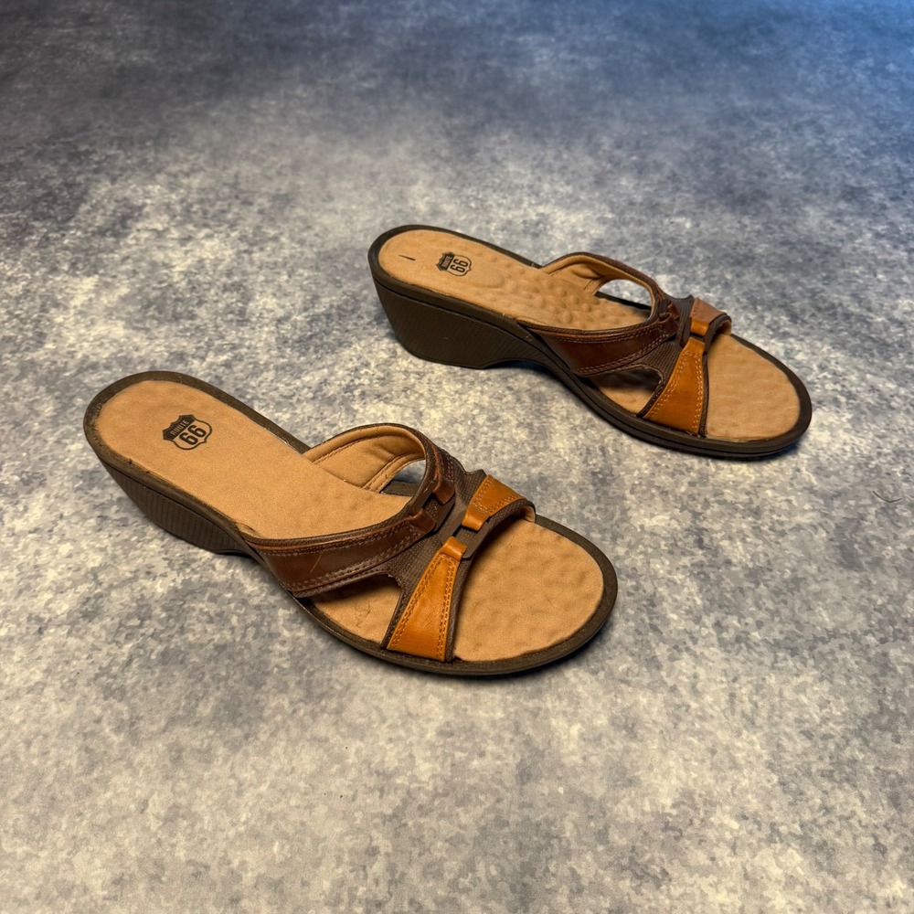 Vintage Route 66 Womens Brown Wedge Sandals Size 8 Zoom NWT Y2K Slip On Open Toe